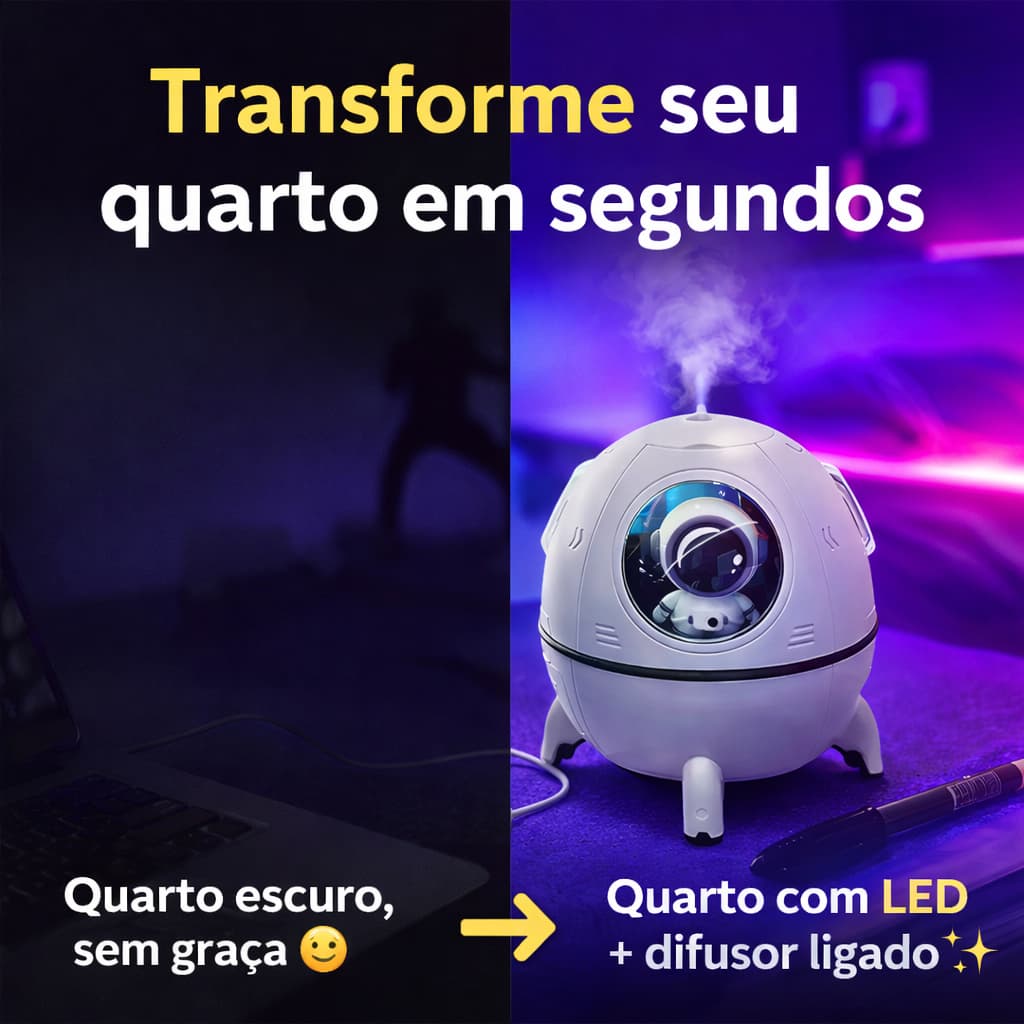 Difusor Umidificador Astronauta LED USB Aromatizador 220ml Decoração Quarto Relaxamento