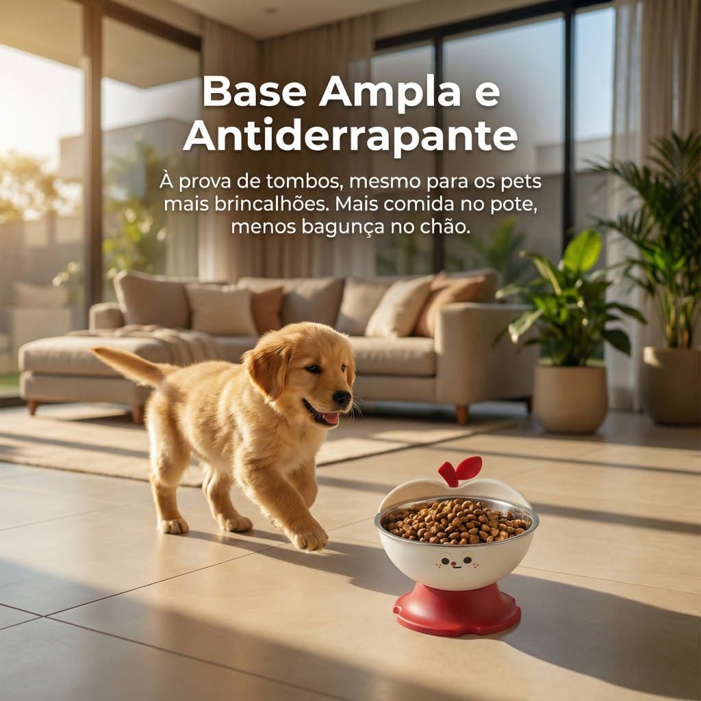 Tigela Inclinada 15° p/ Cães e Gatos | Design Maçã Vermelha | Aço Inox 304 | Antiderrapante