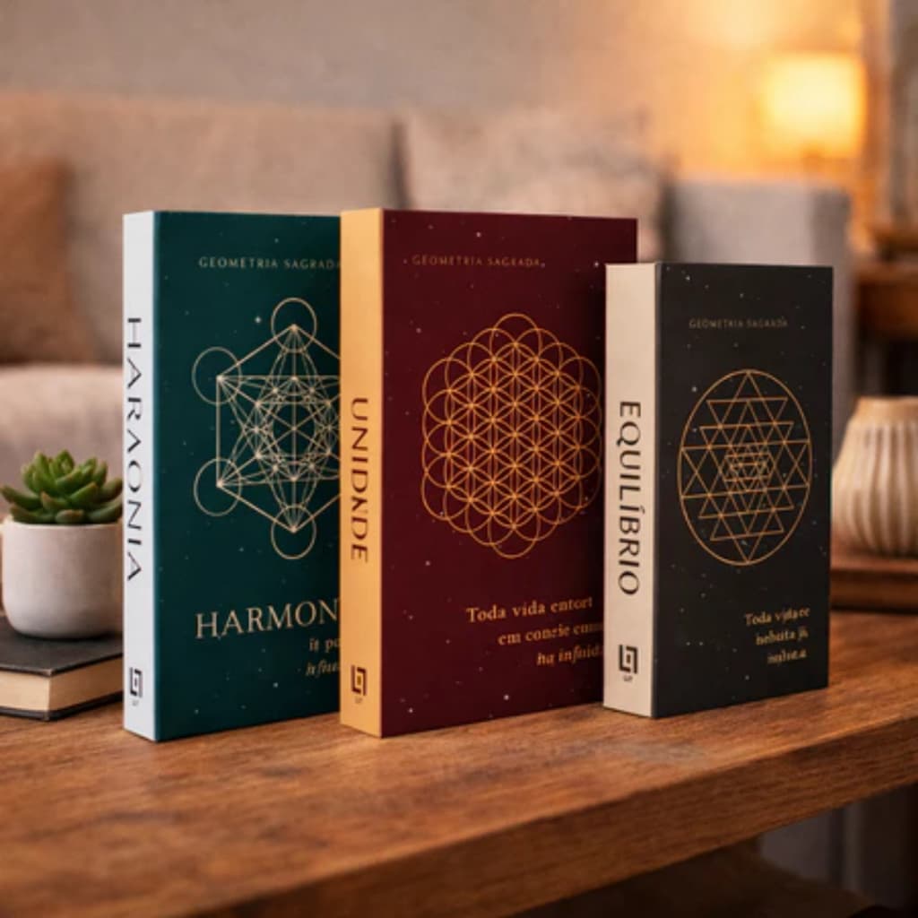 Kit Com 3 Falso Livro Decorativo Geometria Sagrada Harmonia Unidade Equilíbrio Decoração Luxo Organizadores Porta Objeto
