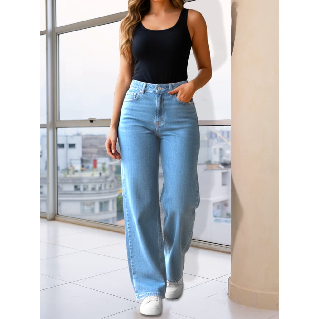 Calça Jeans Feminina Wide Leg Clássica azul Claro marmorizado elegante e Sofisticada