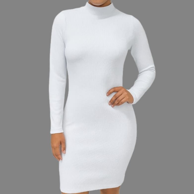 Vestido Curto Gola Alta Manga Longa – Malha Anarruga Encorpada, Tamanho 38 ao 42