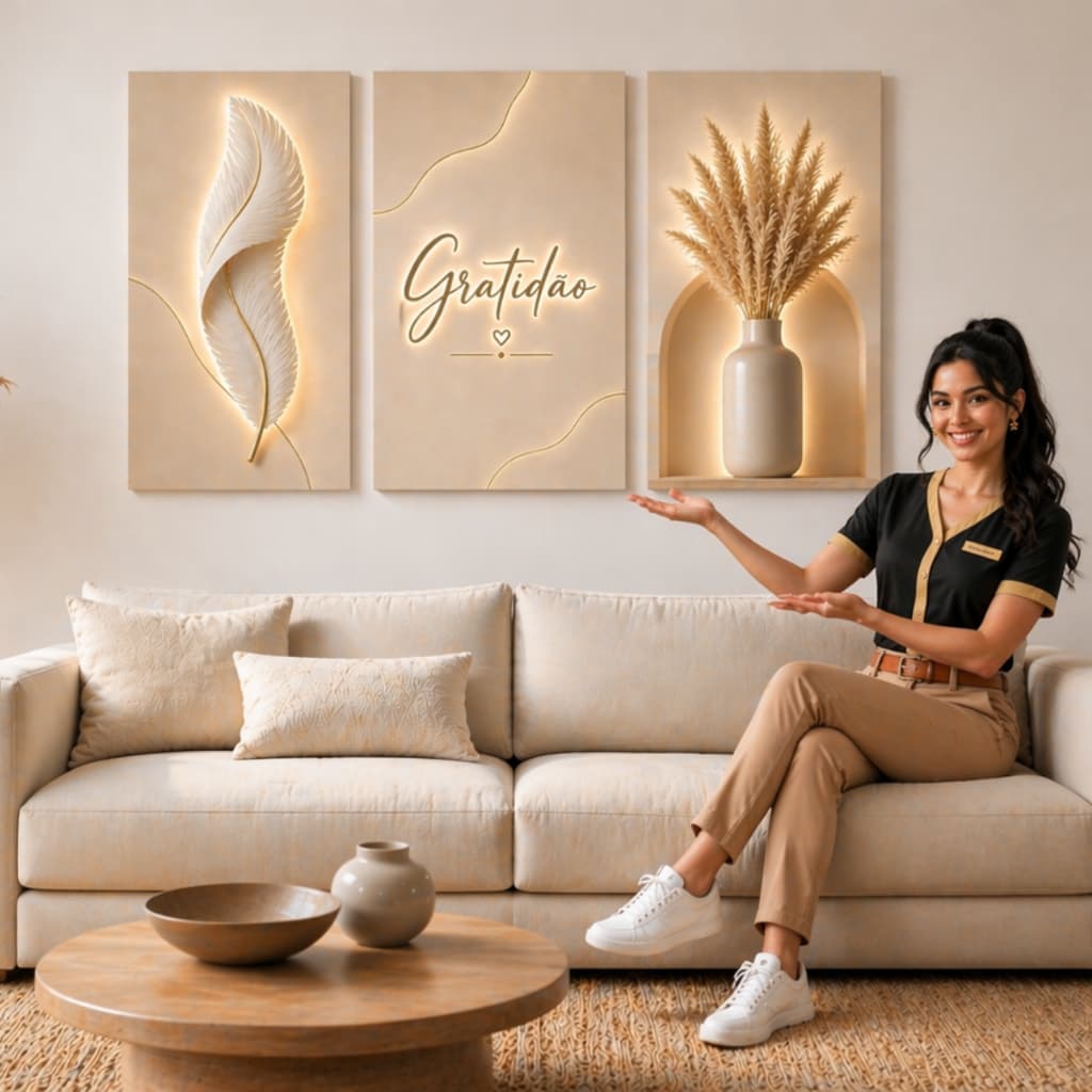 Quadro Decorativos Trio Gratidão Ramo de Trigo Prosperidade Bege Dourado Moderno Sala Escritório
