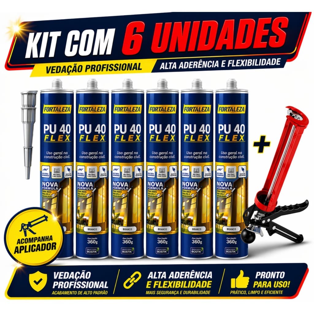 Kit  6 Cola PU40 +1  Aplicador Reforçado Branco Cinza Preto Pedras Vidros Metais Placas 3D Madeira