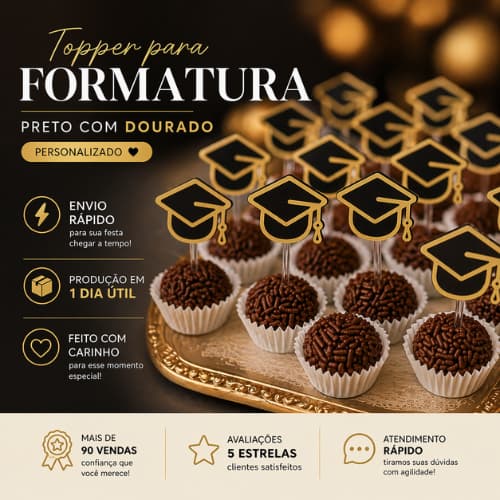 Topper para Docinhos Formatura tag personalizada/ Decoração de Festa / Capelo Dourado ou Prata/ Envio Rápido