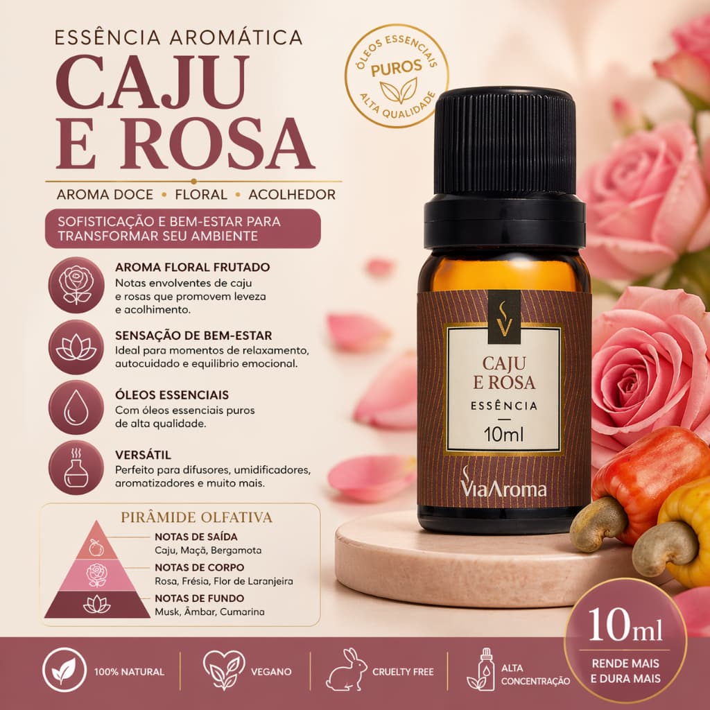 Essência Aromática Caju e Rosas 10ml Via Aroma Fragrância Suave Floral Aromatizador Ambiente Difusor