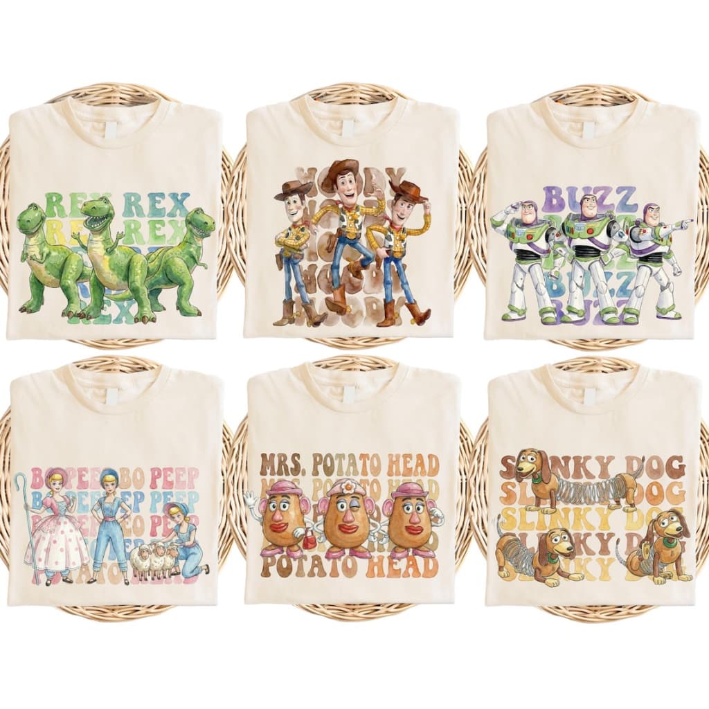 Camiseta Infantil Adulto Unissex Algodão Personagens Filme Toy Story Aquarelados Masculino Feminino