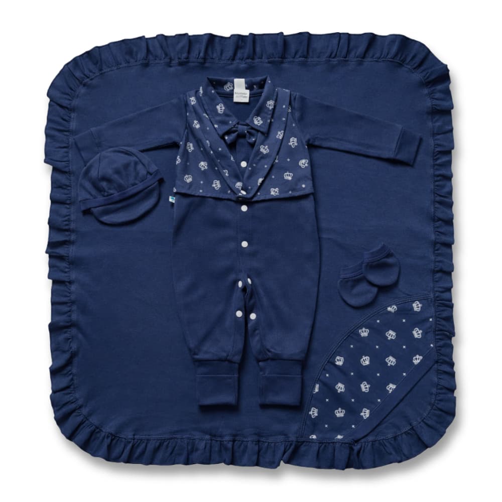 Kit Saída Maternidade Masculina Luxo Azul Marinho Bebê Menino Macacão Gravata Enxoval Recém Nascido