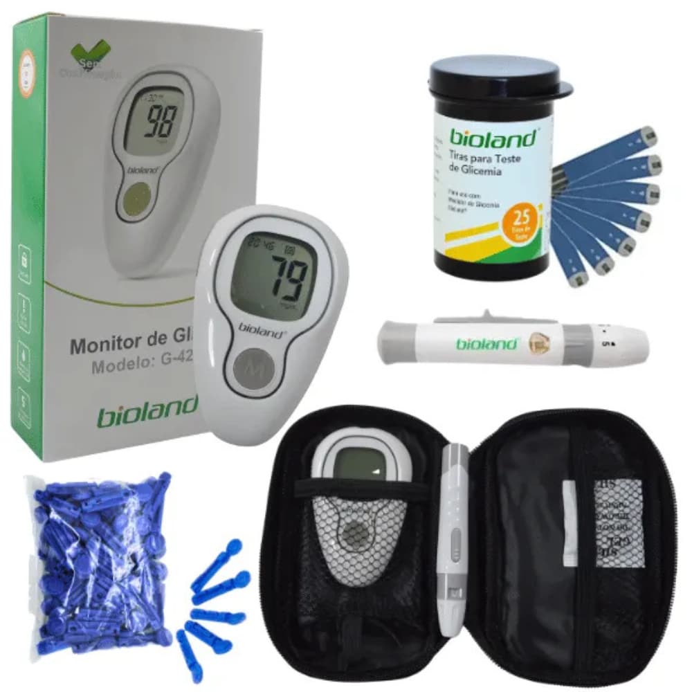 Aparelho de Glicose Bioland G425-3 – Kit Completo com 25 Tiras, 25 Lancetas e Estojo