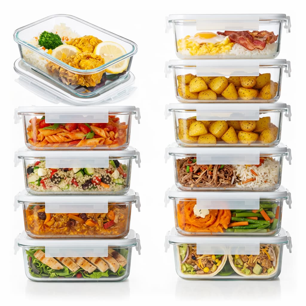 Conjunto 10 ou 5 / 3 Potes Herméticos Alimentos Marmita Fitness vidro Retangular 370ml