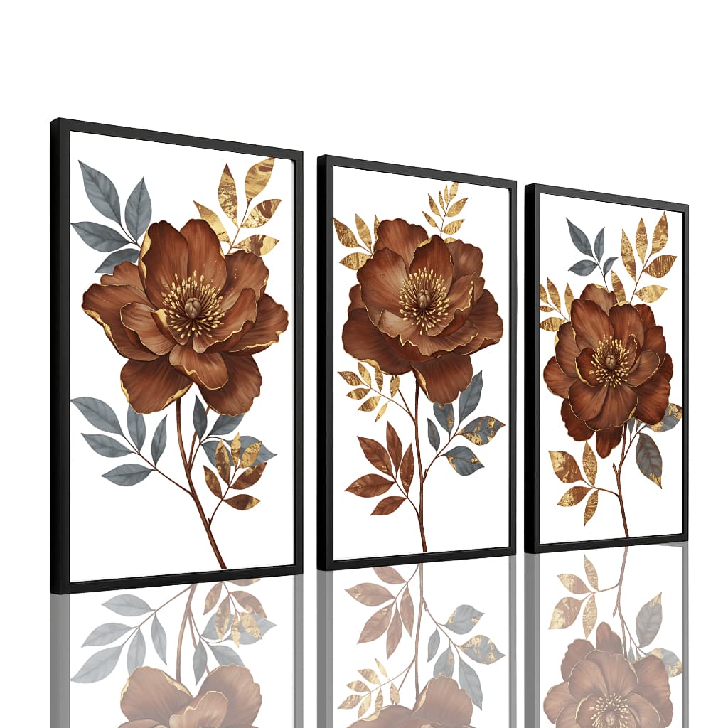 Quadro Decorativo 3 Peças Flor Abstrata Marrom Dourado Fundo Branco Luxo Moderno