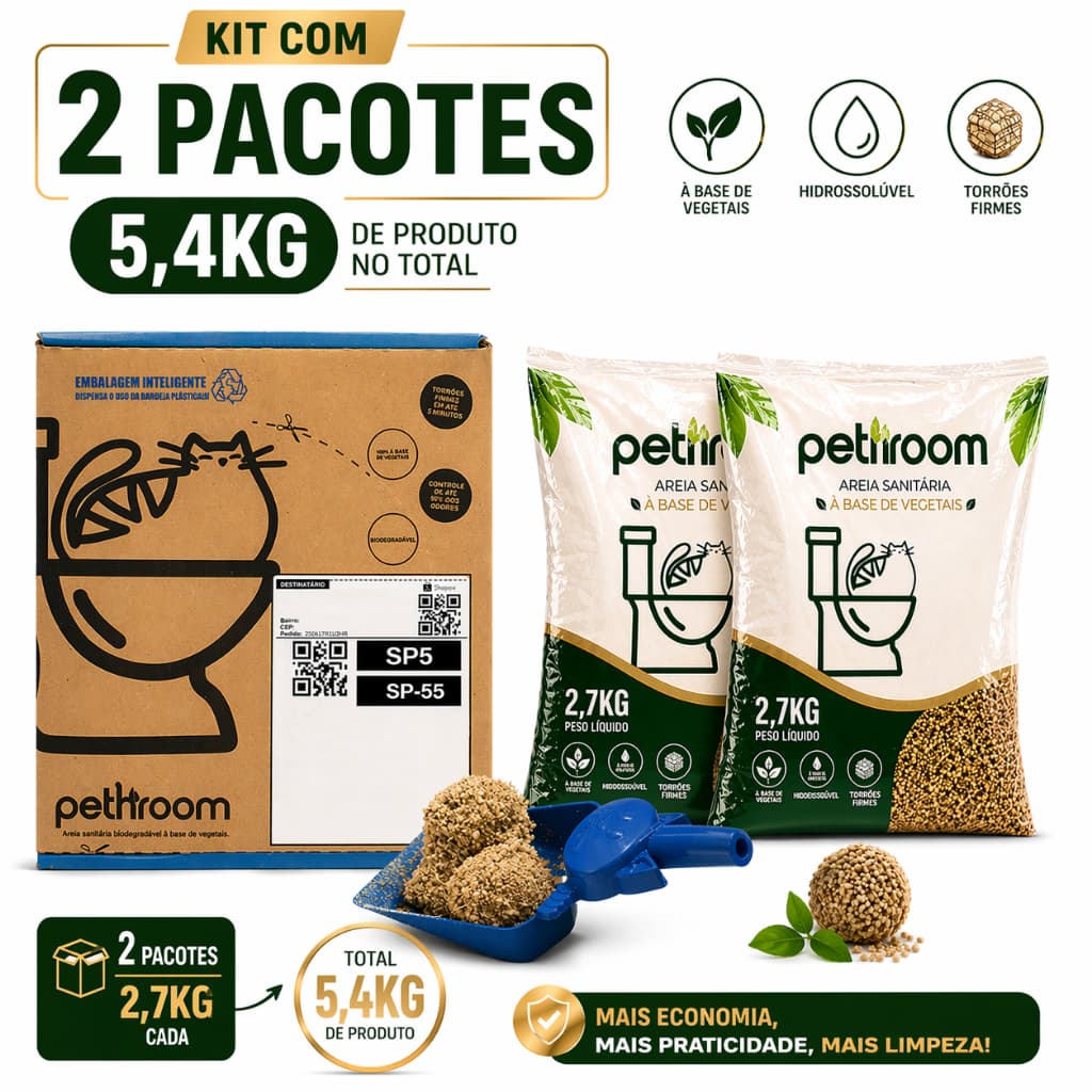 Kit Areia Para Gatos Higiênica Biodegradável de Mandioca Milho Soja Natural Sem Cheiro e Ecologica 5.4KG