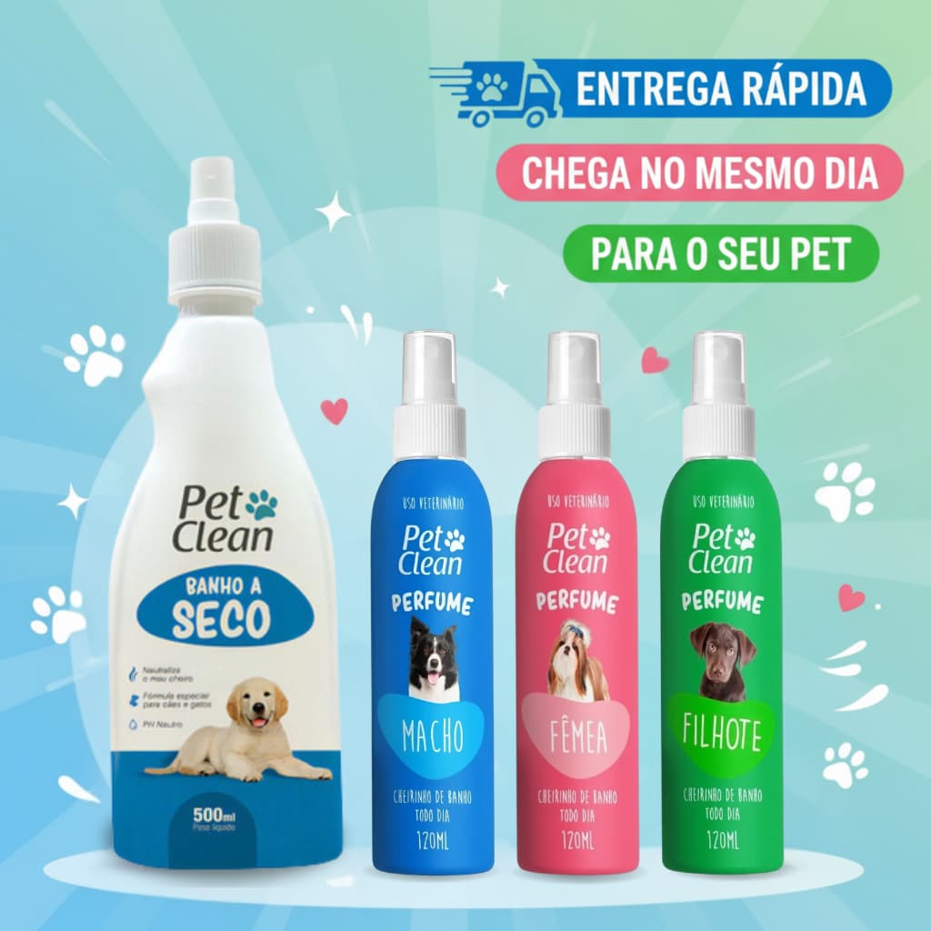Kit De Banho Seco 500ml e Perfume Macho, Femea e Filhote Pet Clean Para Cachorros