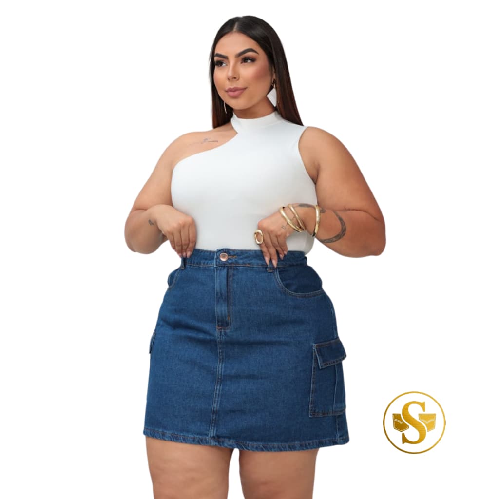 Saia Jeans Cargo Plus Size Confortável 100% Algodão Cintura Alta Bolso Laterais 46 ao 54 Azul Escuro