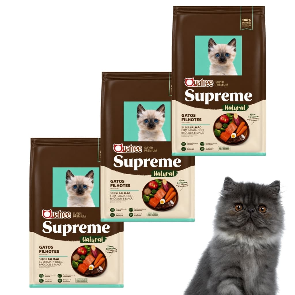 Kit C/3 Ração Quatree Supreme Para Gatos Filhotes Sabor Salmão e Batata Doce 1kg