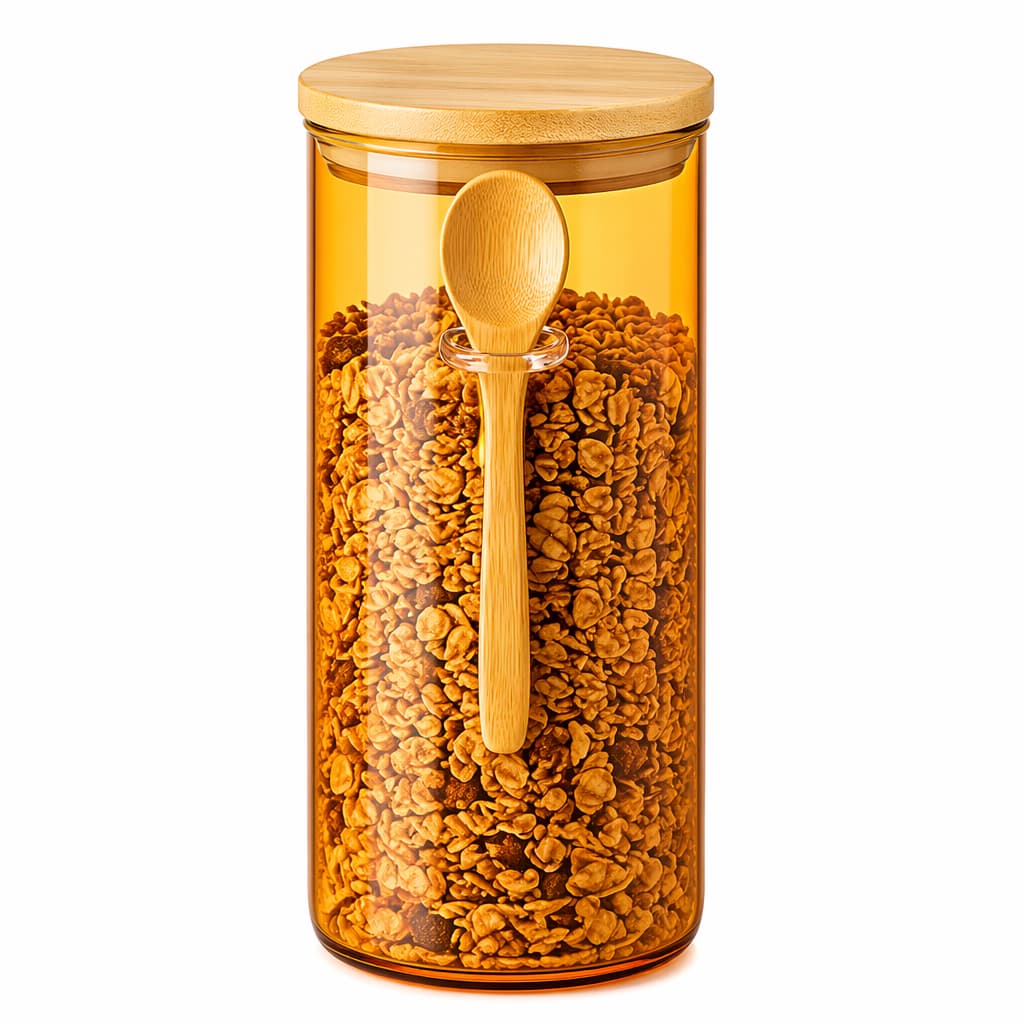Pote Hermético Vidro Borossilicato 1,2L Âmbar com Colher e Tampa Bambu Porta Café Açúcar Cozinha