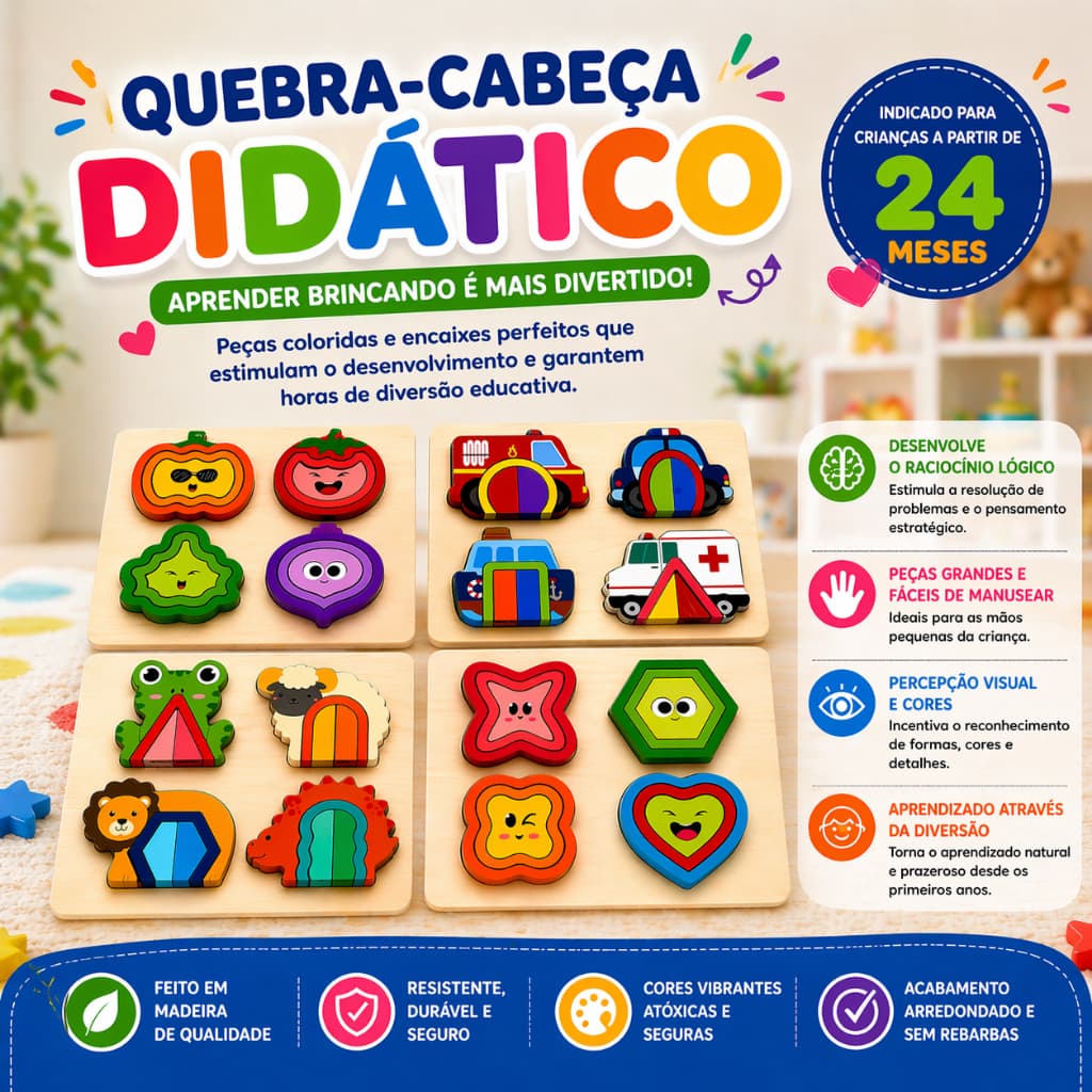 Quebra Cabeça Pedagógico Brinquedo Didatico Divertido Encaixe de Madeira