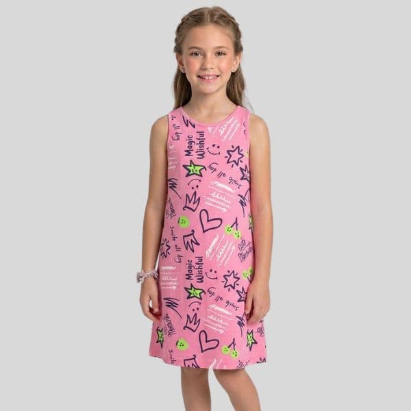 Vestido Regata Infantil Meia Malha Estampado Vestido Casual Menina Confortável Leve Verão