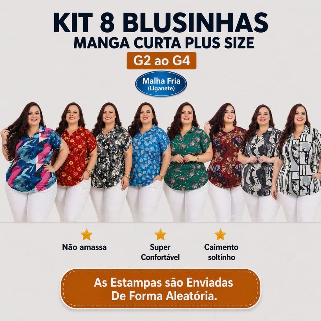 Kit 8 Blusas Polo Plus Size Feminina G2 ao G4 Moda Plus Size Confortável Malha Fria Pronta Entrega Atacado