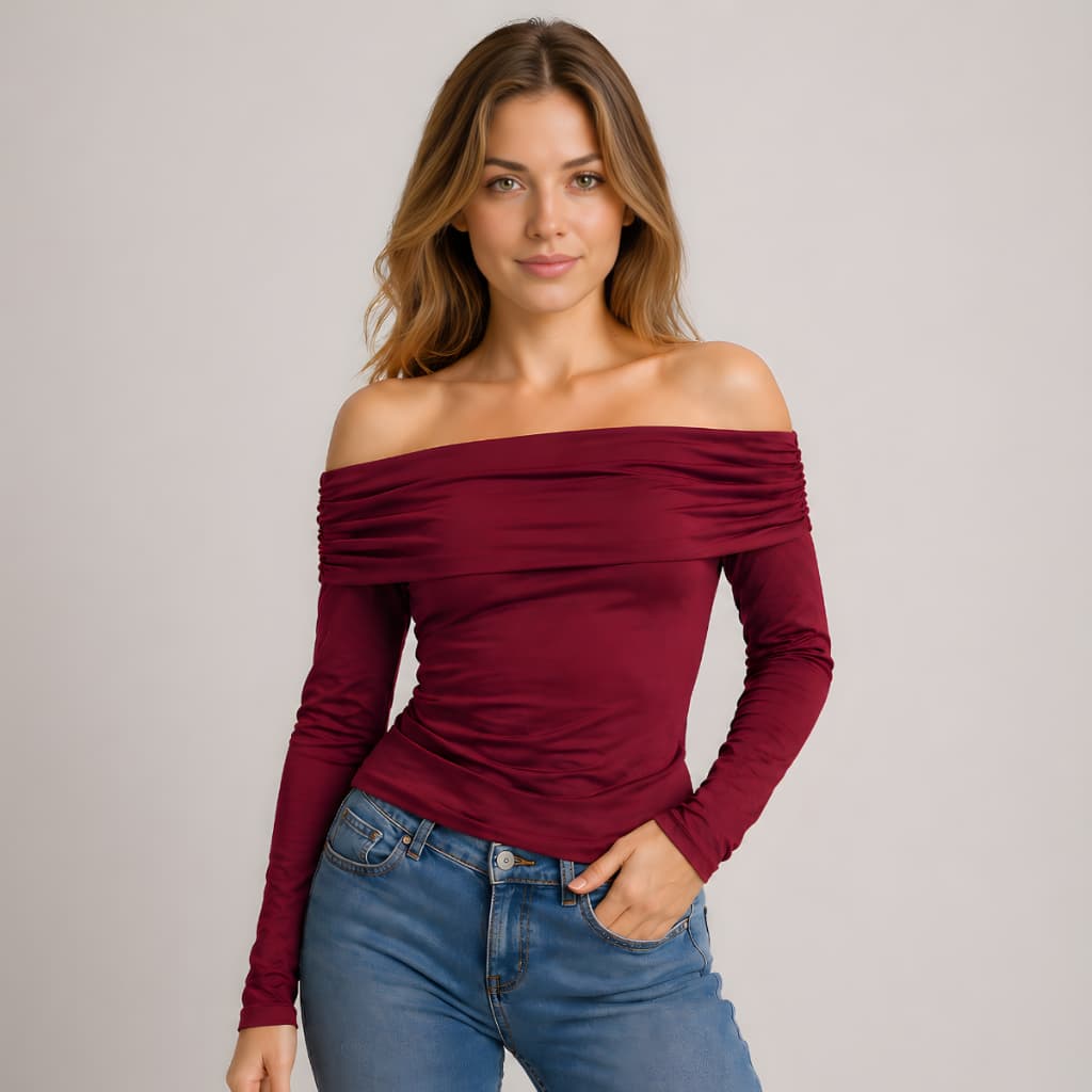 Blusa Ombro a Ombro Feminina Suplex Drapeada Manga Longa Justa com Forro