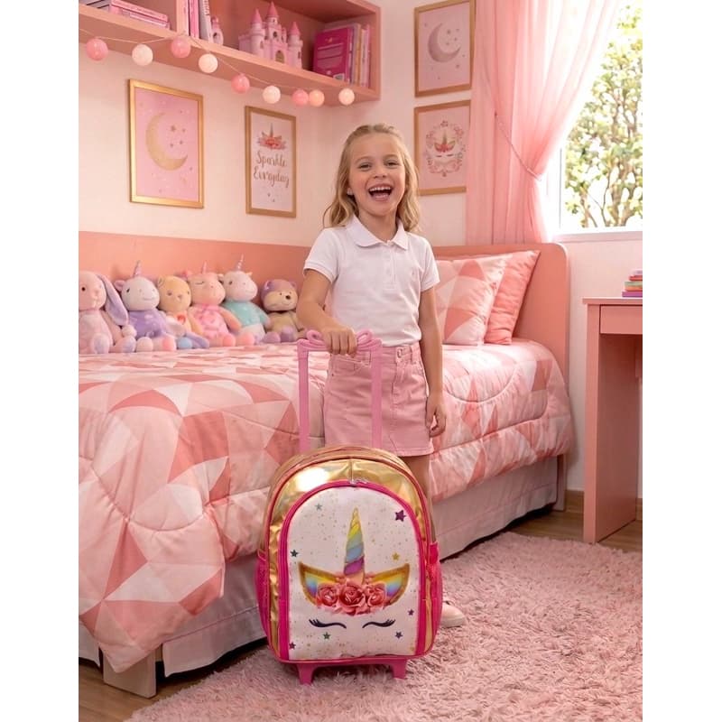Mochila Unicornio Flores Rodinhas Rosa Fantasy