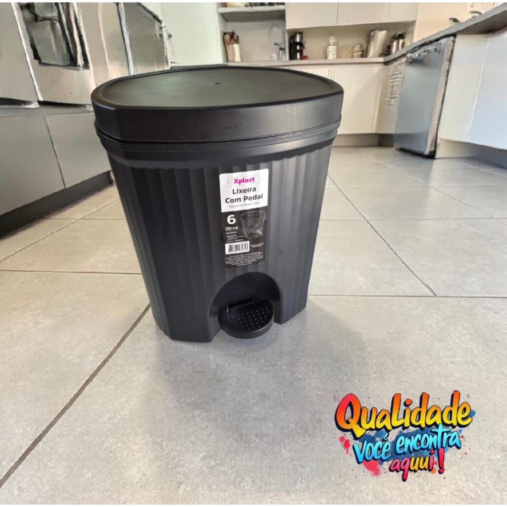 LIXEIRA DE PEDAL 6L PARA COZINHA PIA BANHEIRO ESCRITORIO RESISTENTE PLASTICO PRETO