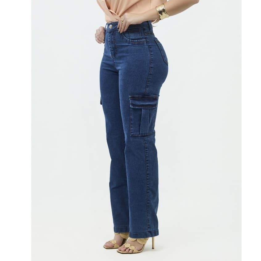 Calça Jeans Feminina Wide Leg Cargo Com Lycra Cintura Alta Empina Bumbum  Blogueira Boca Larga pantalona Com Elastano