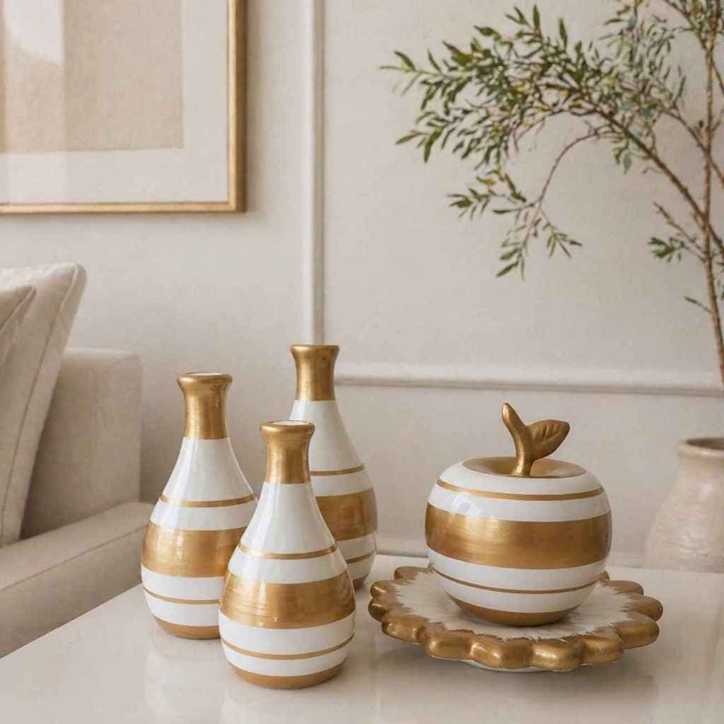 Trio Vasos Decorativos Enfeite com Prato com Maça Cerâmica Cozinha Aparador Luxo Área Gourmet