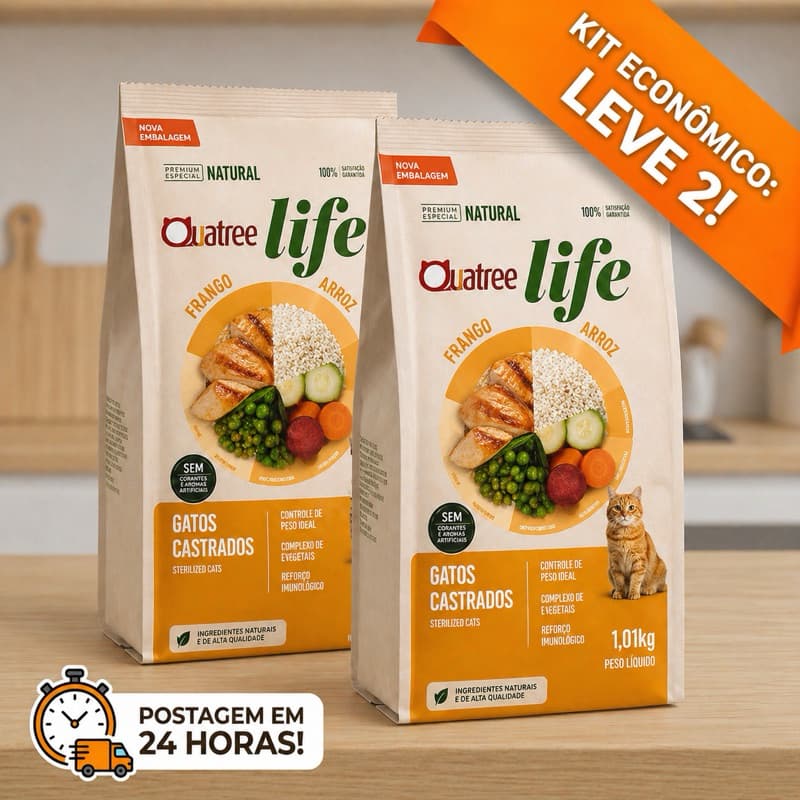 Ração Gatos Quatree Life Gatos Castrados 1kg Kit com 2 pacotes Sabor Frango e Arroz Super Premium Sem Transgênicos