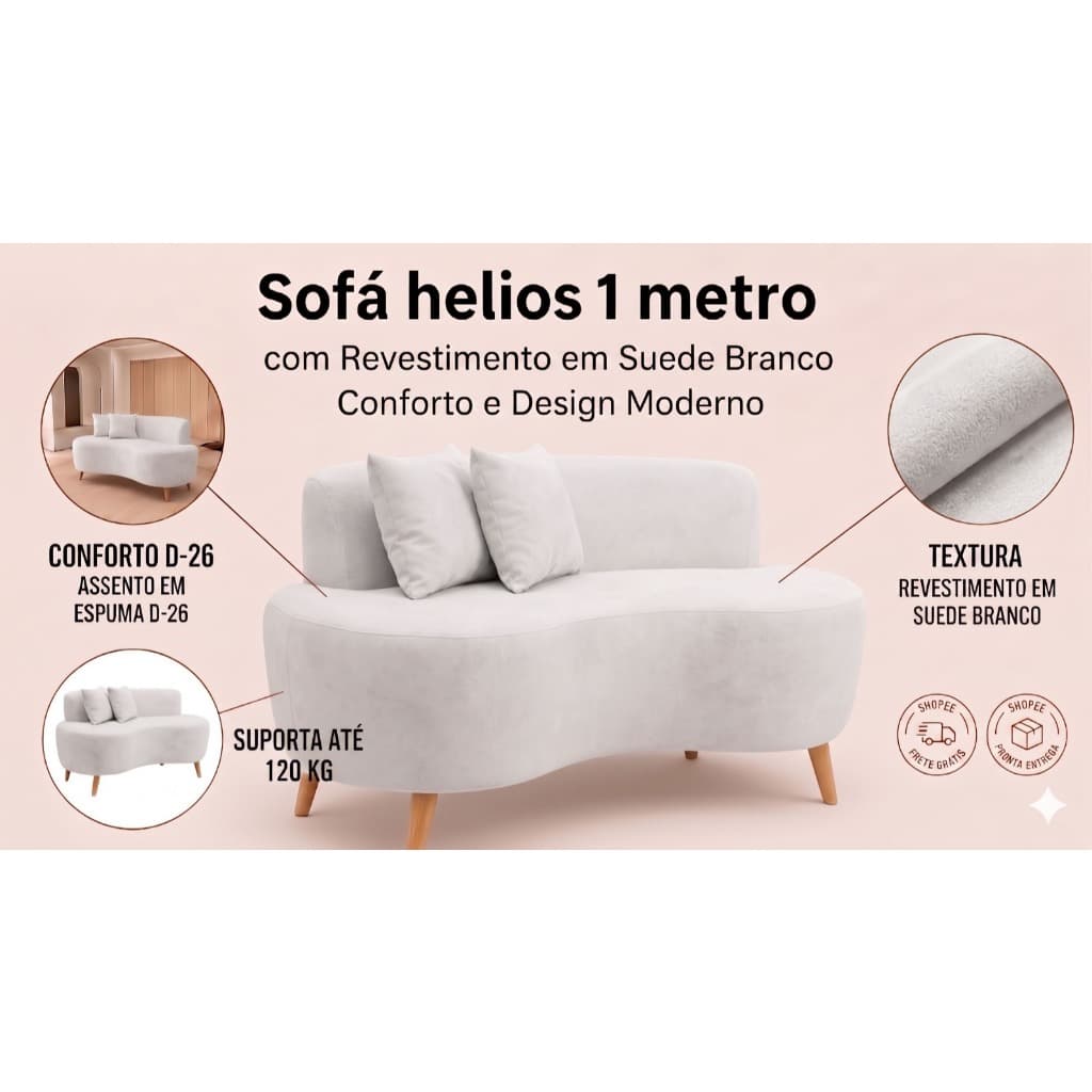 🔥 Sofá Helios XII 1m Suede Branco | Moderno, Confortável e Pé 12cm Alto | Pronta Entrega