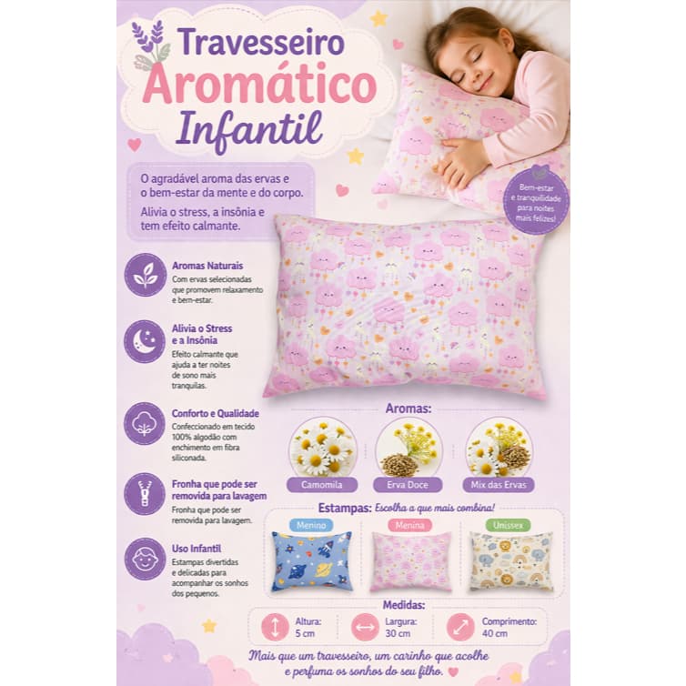 Travesseiro Aromático Infantil Calmante 🌿 | Anti Estresse e Sono Tranquilo | 100% Algodão