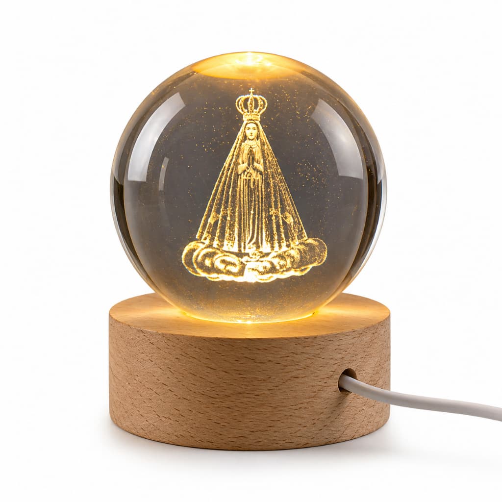 Luminária de Mesa Bola de Cristal Abajur de Mesa Base de Madeira Luminária Nossa Senhora Aparecida Moderna Dia das maes
