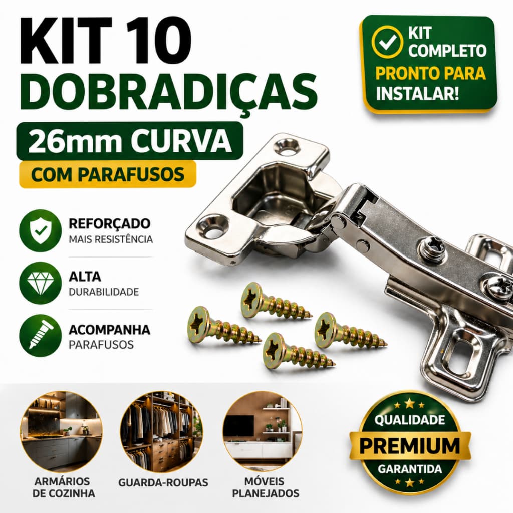Kit 10 Dobradiça 26mm Curva Armário Porta Móveis Cozinha Guarda Roupa Com Parafuso