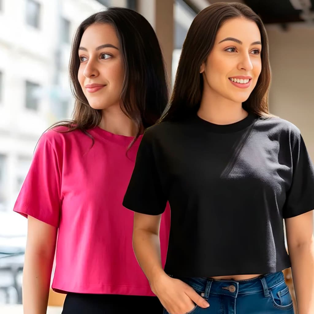 Kit 2 Blusa Cropped Feminina Larguinho Oversized T-Shirt Básica Liso Algodão Blusinha de academia