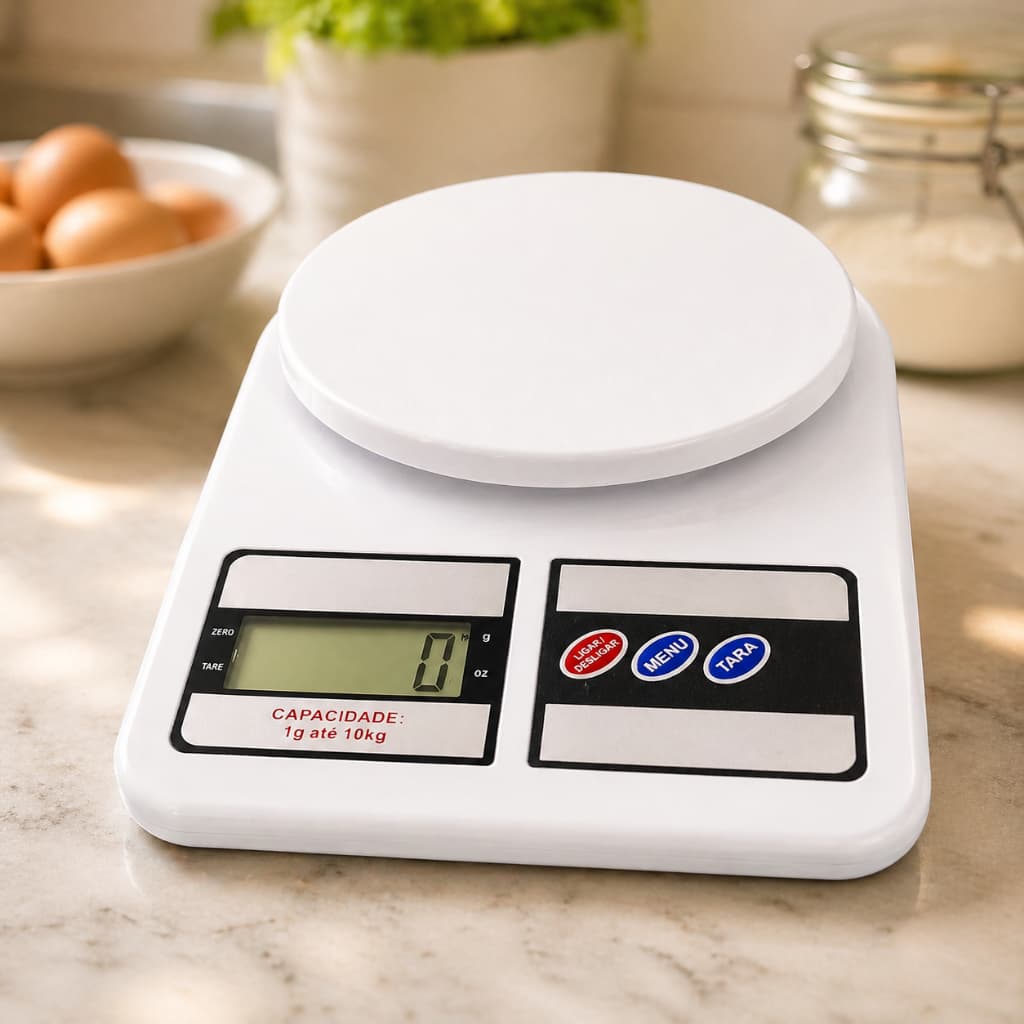 Balança Digital Cozinha 10kg Alta Precisão LCD Função Tara Portátil Branca Receitas