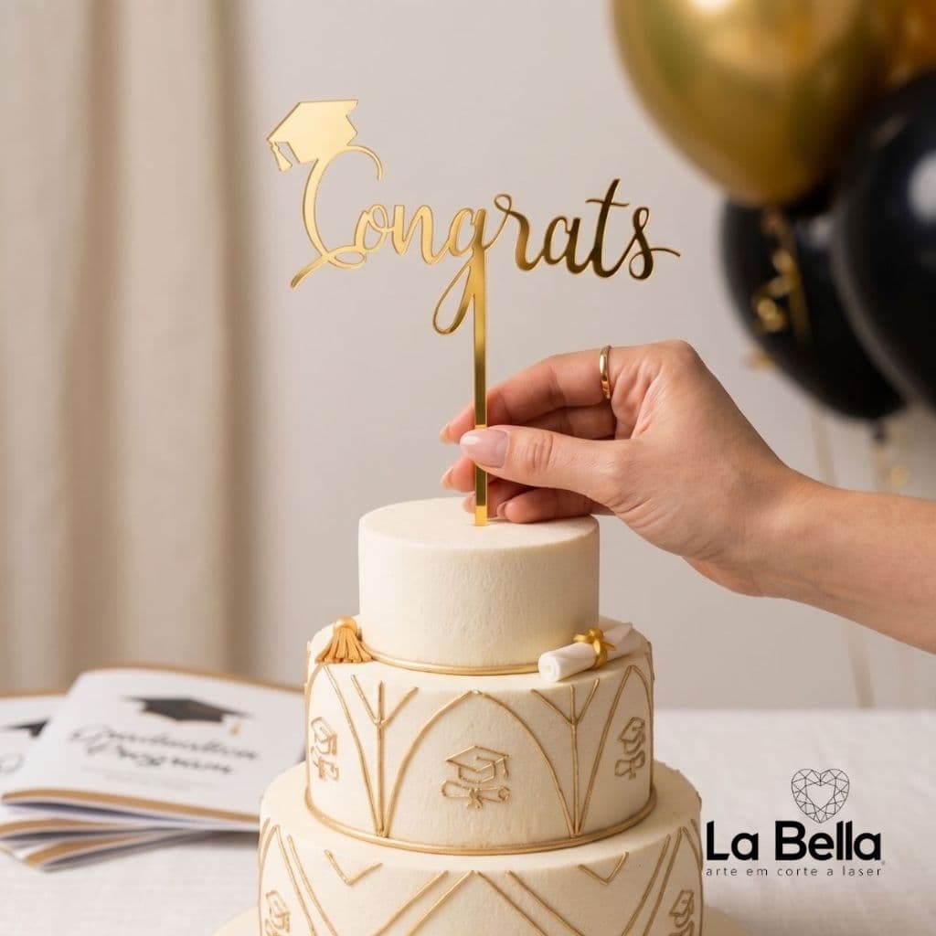 Topo de Bolo Formatura Congrats Cores Acrílico Espelhado Decoração Festa de Graduação