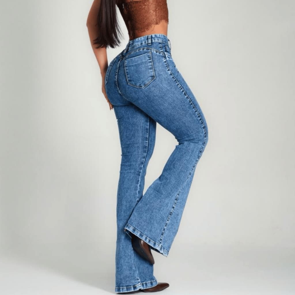 Calça Flare Jeans Marmorizada Premium Cintura Alta Com Bastante Elastano