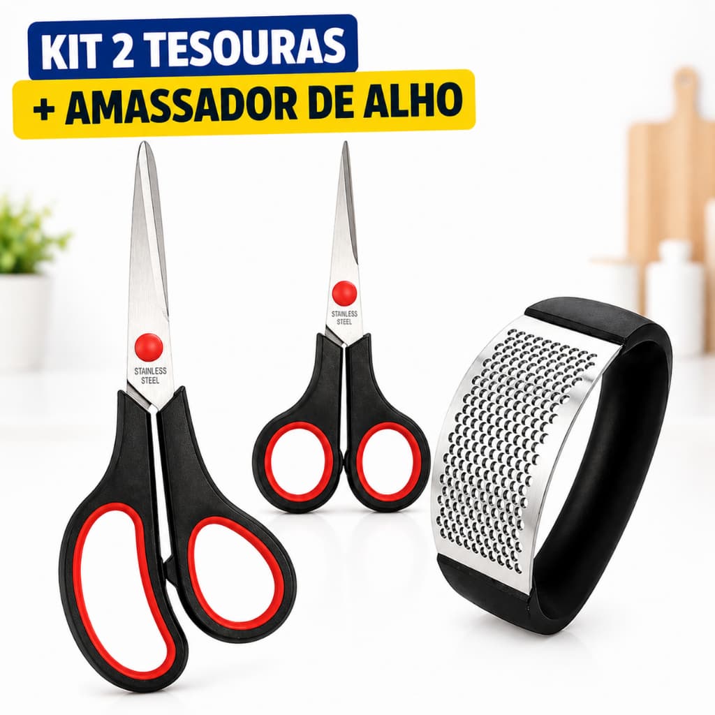 Tesoura Inox Cozinha + Amassador de Alho Multiuso Resistente Kit