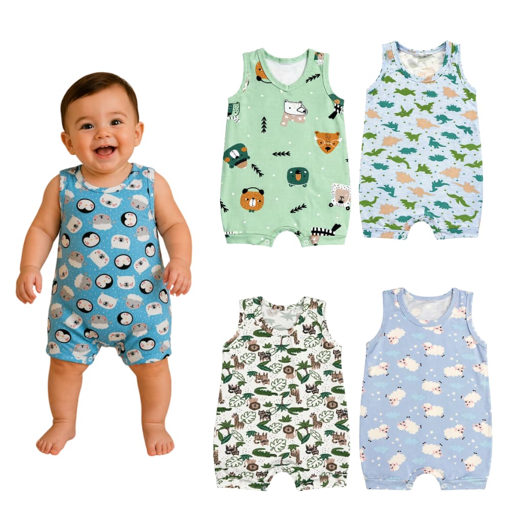 Macacão Bebê Curto Menino e Menina Bebê Regata 100% Algodão Estampado Banho De Sol Top