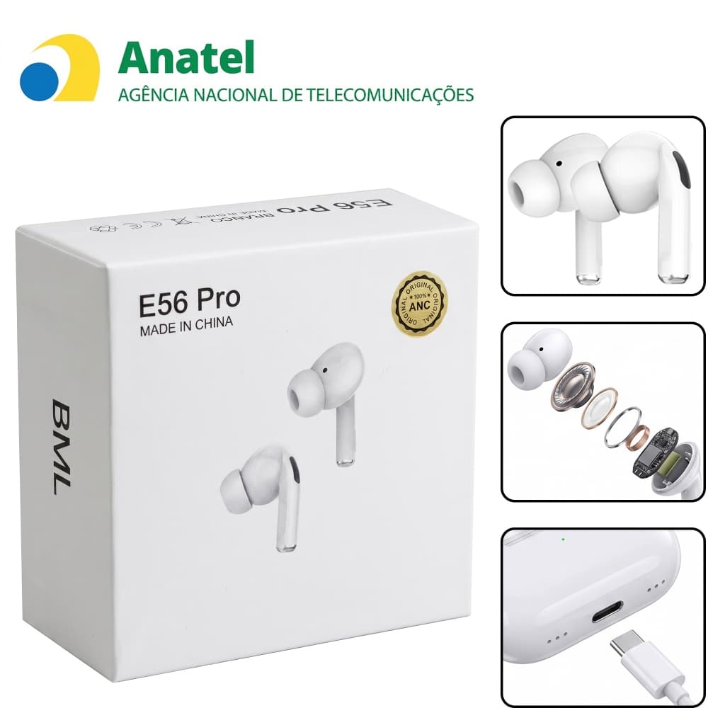 Fones de ouvido Bluetooth E56PRO ANC|Cancelamento de ruído de até 48dBem toda a faixa|Bateria de longa duração de 50H