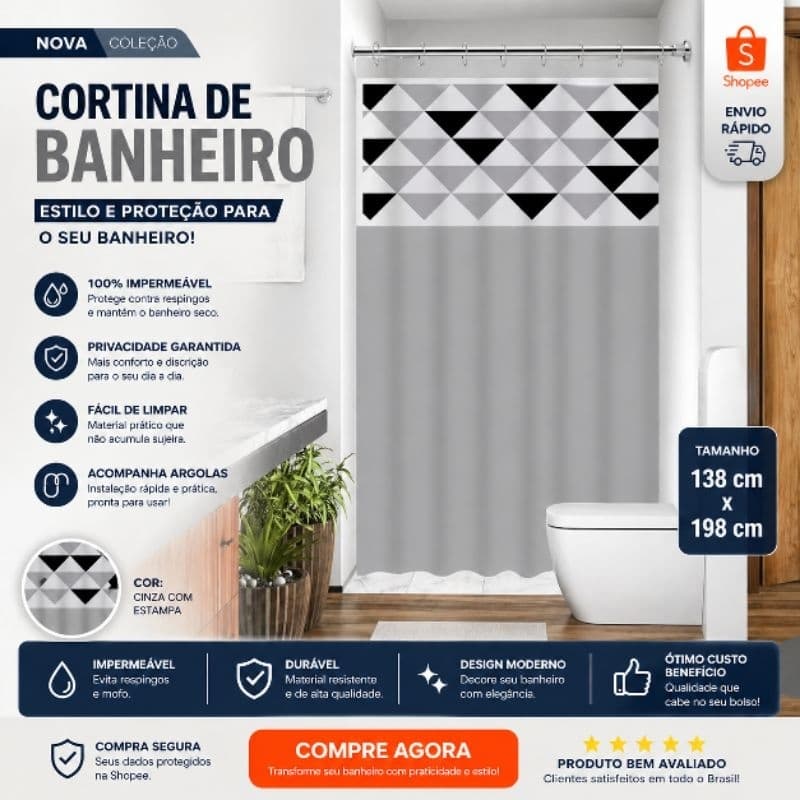 Cortina de Box com Visor Geométrico Anti Mofo – Estilo e Privacidade para Seu Banheiro!