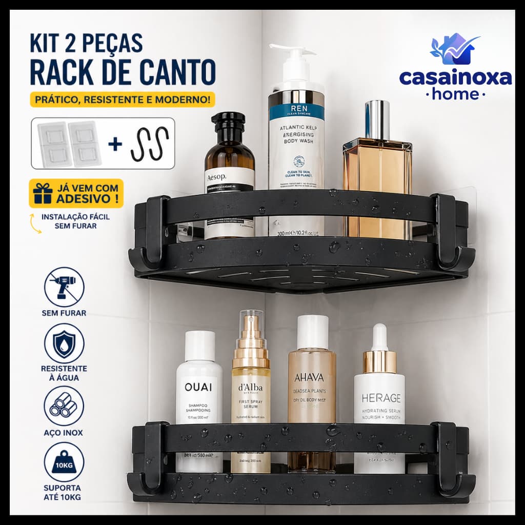 Kit 2 Prateleiras de Canto para Banheiro ABS Adesivas Sem Furo Organizador de Shampoo com Ganchos