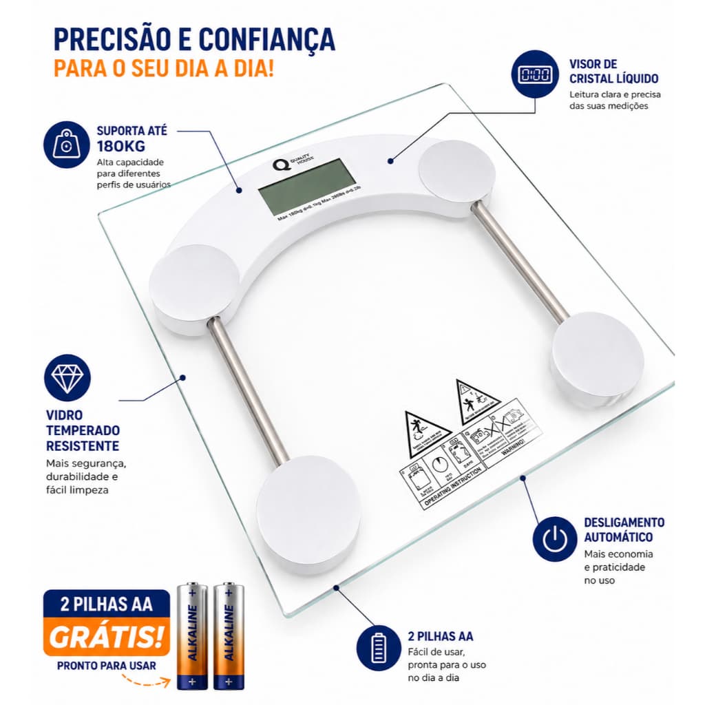 Balança Digital Corporal Academia Treino Peso Até 180Kg Transparente Vidro Temperado