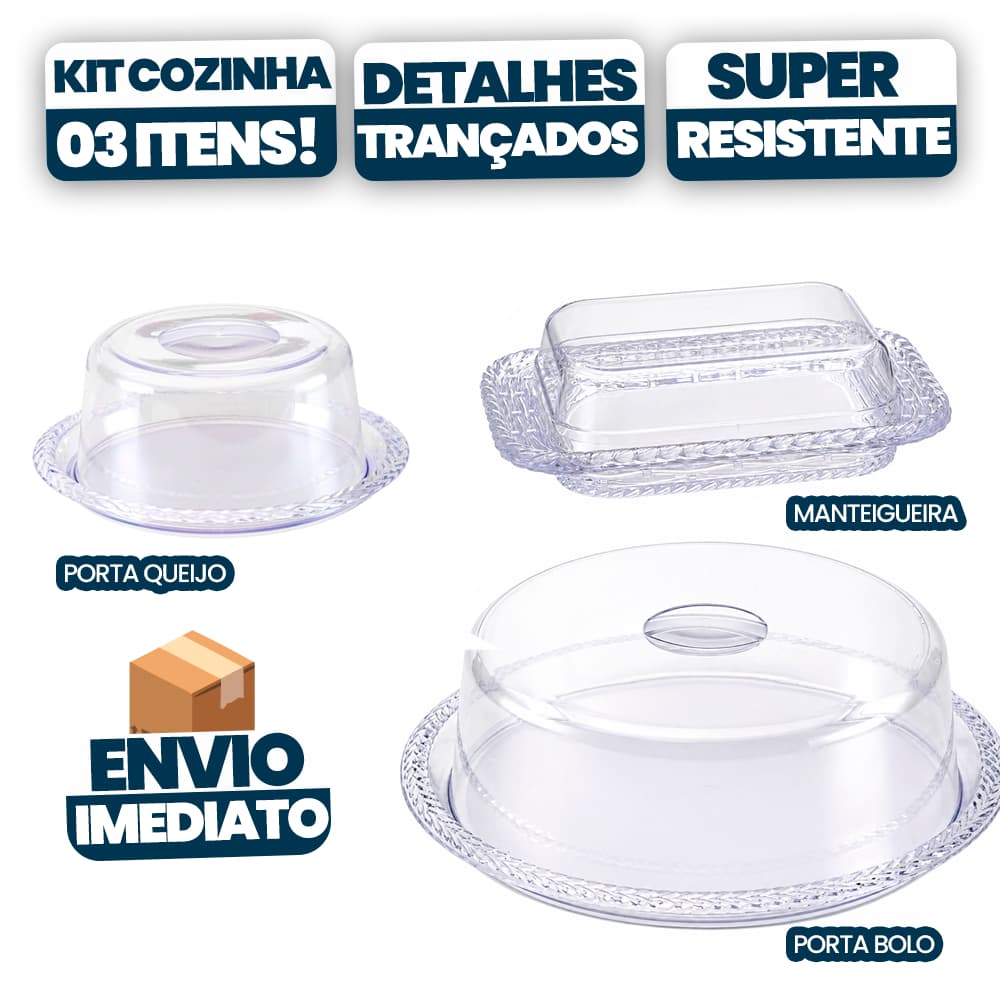 Kit Porta Bolo Porta Queijo Manteigueira Trançado 3 Peças