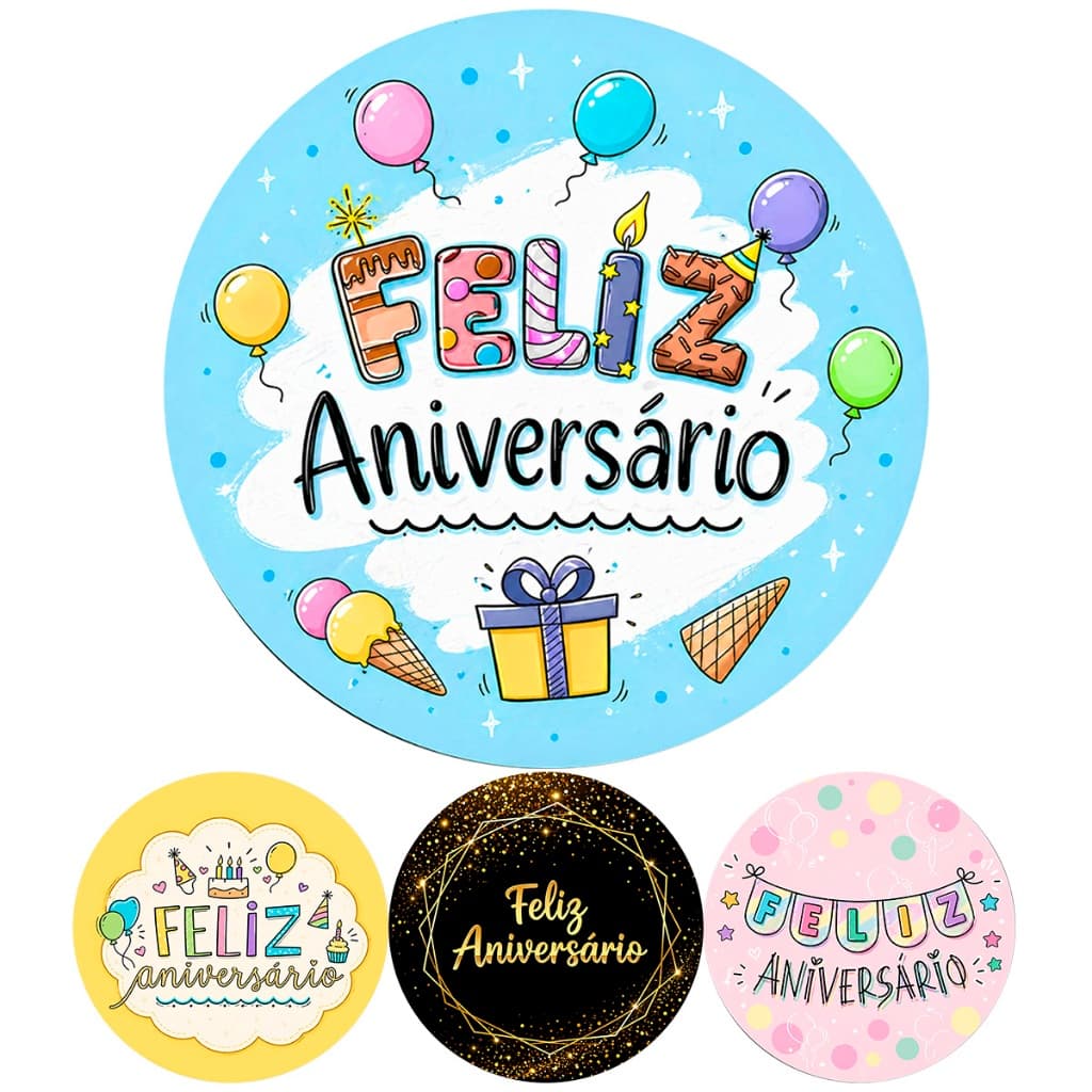 Painel Redondo 50cm Feliz Aniversário Em Tecido Sublimado Com Elástico