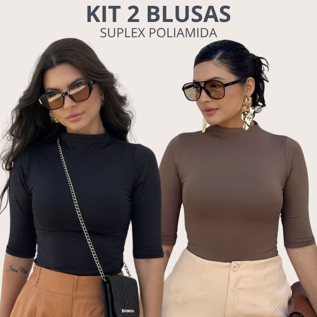 Kit 2 Blusas Feminina Manga 7/8 Básica Gola Média Confortável