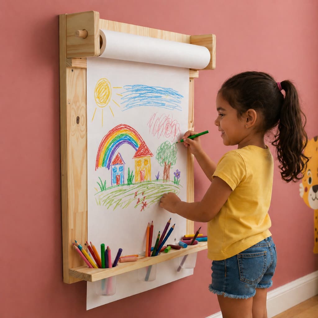 Painel Lousa Infantil Montessori de Madeira + Bobina de Papel - Criativa para Desenho e Pintura