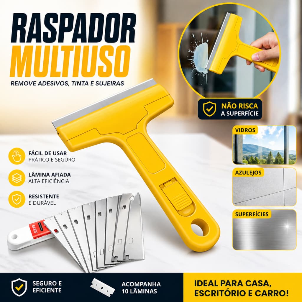 Raspador Removedor Adesivo Cola Tinta Profissional Não Arranha Com Lâminas Limpeza Vidro