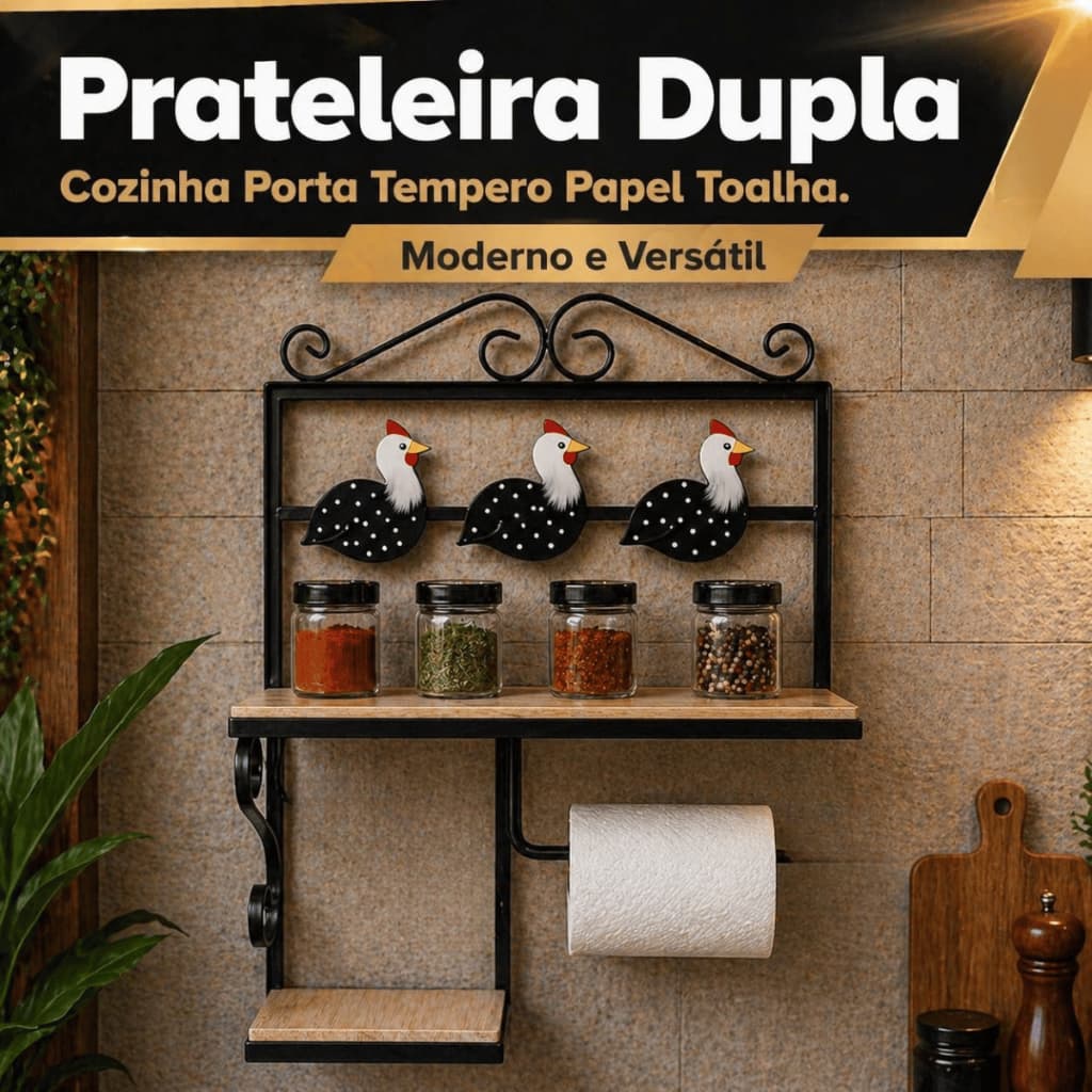 Porta Tempero E Papel Toalha Prateleira Dupla Ferro E Madeira Rústica Cozinha Decorativa Galinha