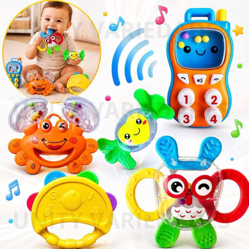 Kit Chocalho Mordedor Bebê 5 Peças Educativo Sensorial Dentição Colorido