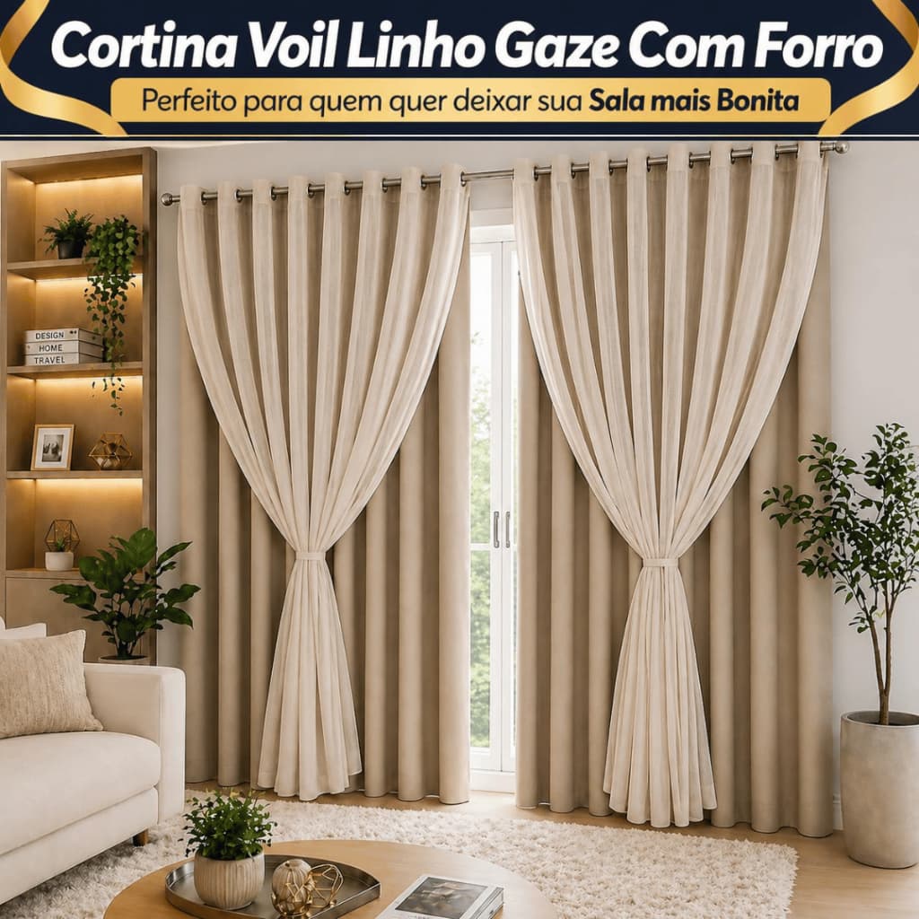 Cortina Voil Gaze de Linho 6,00m Com Forro Microfibra Ilhós Para Sala Quarto Luxo